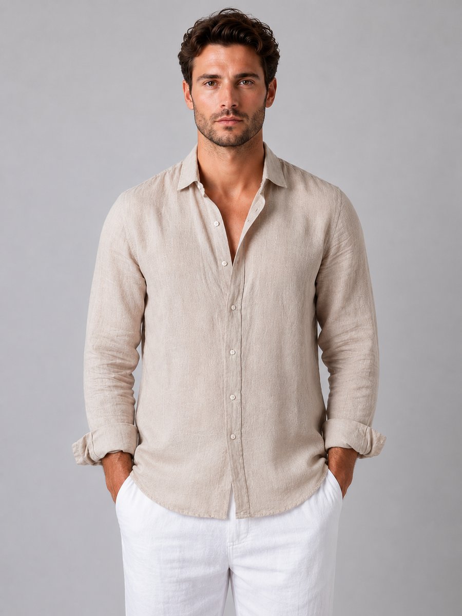 Men's Long-Sleeve Linen-Look Button-Up Shirt Relaxed Fit