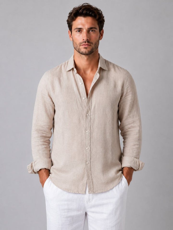 Men's Long-Sleeve Linen-Look Button-Up Shirt Relaxed Fit