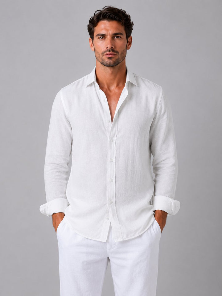 Men's Long-Sleeve Linen-Look Button-Up Shirt Relaxed Fit