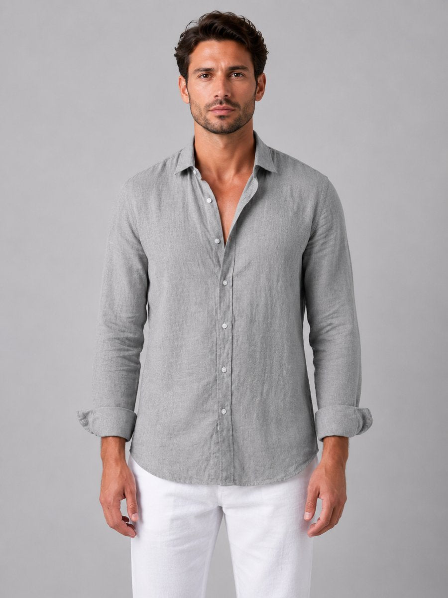 Men's Long-Sleeve Linen-Look Button-Up Shirt Relaxed Fit