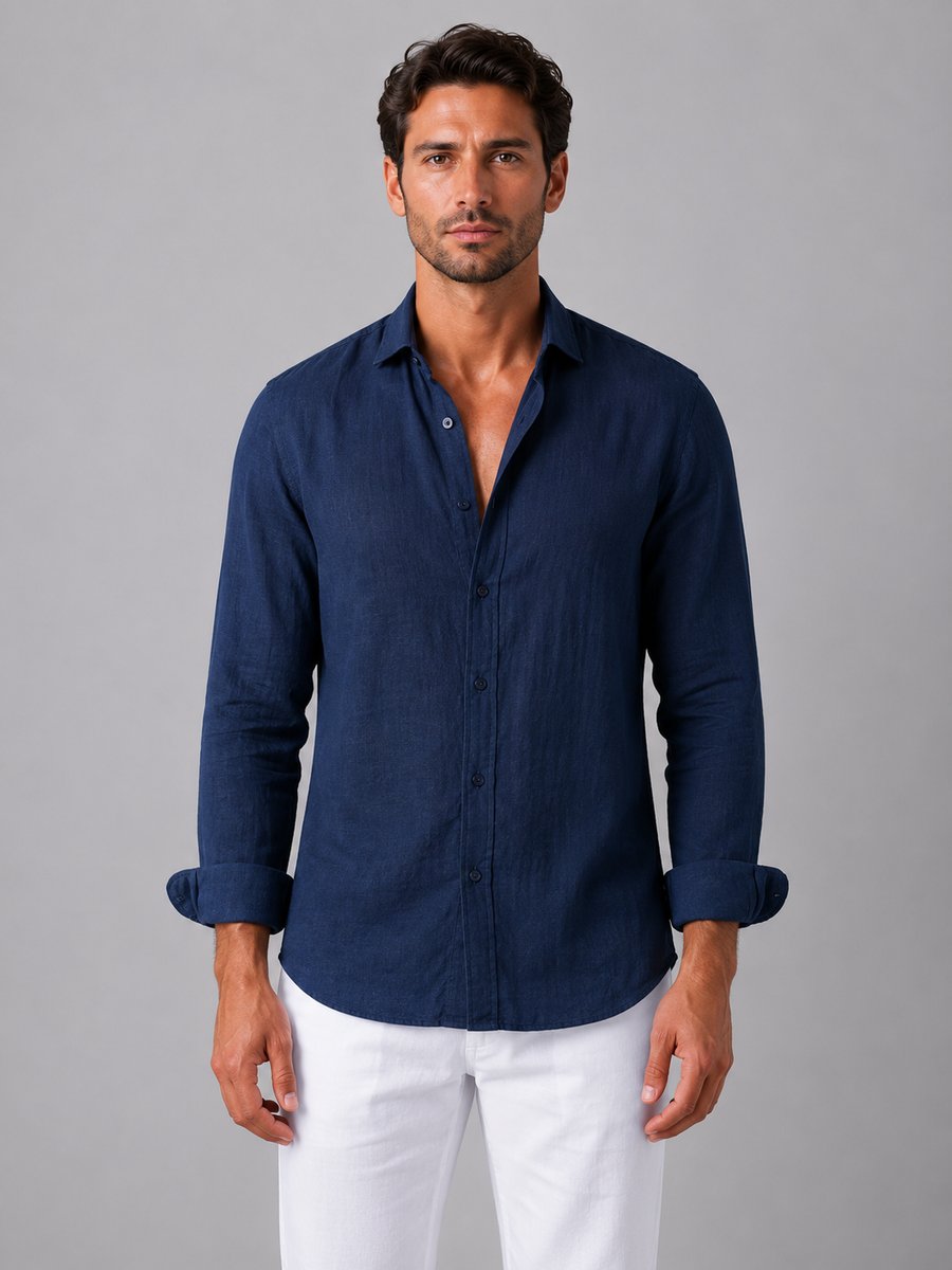 Men's Long-Sleeve Linen-Look Button-Up Shirt Relaxed Fit