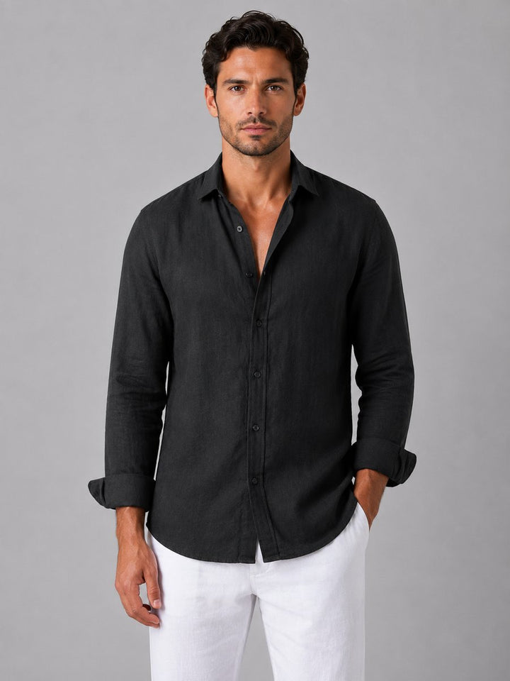Men's Long-Sleeve Linen-Look Button-Up Shirt Relaxed Fit