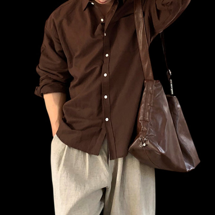 Mens Long-Sleeve Linen Shirt Relaxed Fit Button-Front