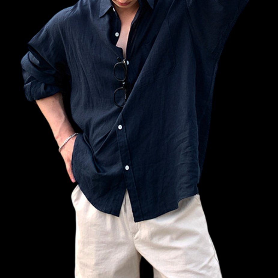 Mens Long-Sleeve Linen Shirt Relaxed Fit Button-Front