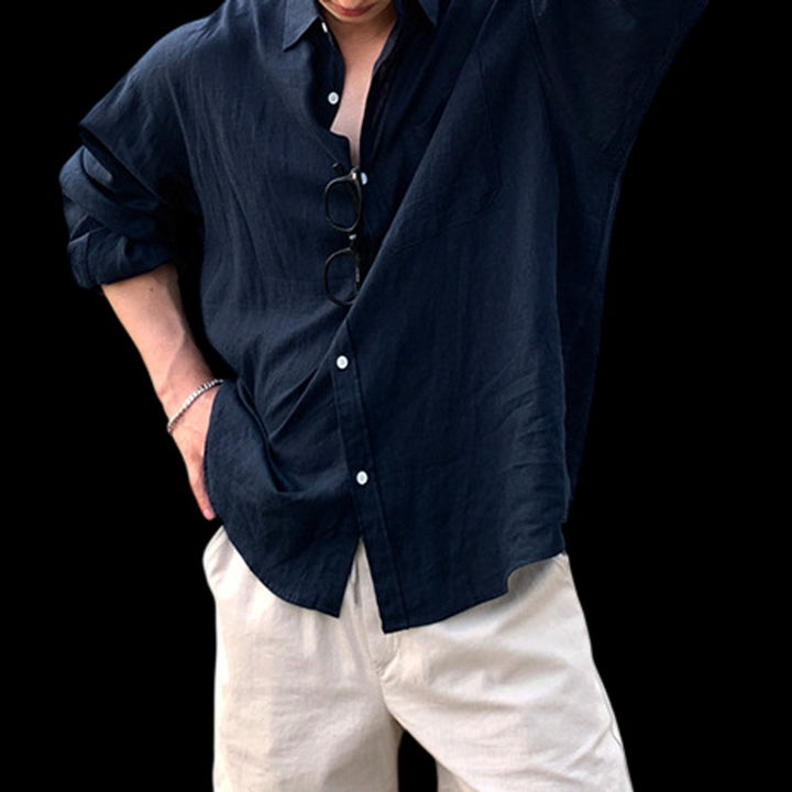 Mens Long-Sleeve Linen Shirt Relaxed Fit Button-Front