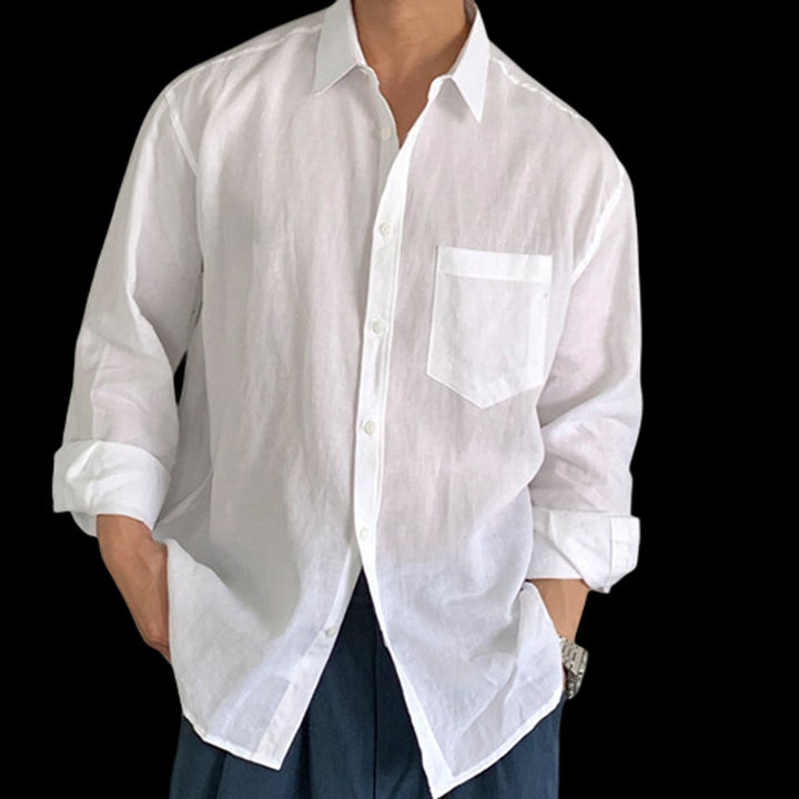 Mens Long-Sleeve Linen Shirt Relaxed Fit Button-Front