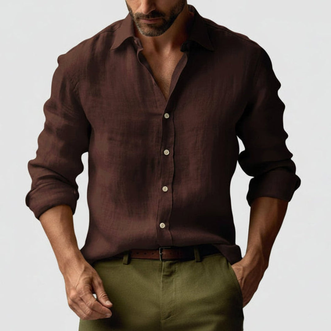 Men's Long-Sleeve Linen Vintage Button-Up Shirt Smart Casual Henley