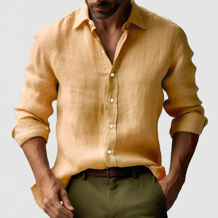 Men's Long-Sleeve Linen Vintage Button-Up Shirt Smart Casual Henley