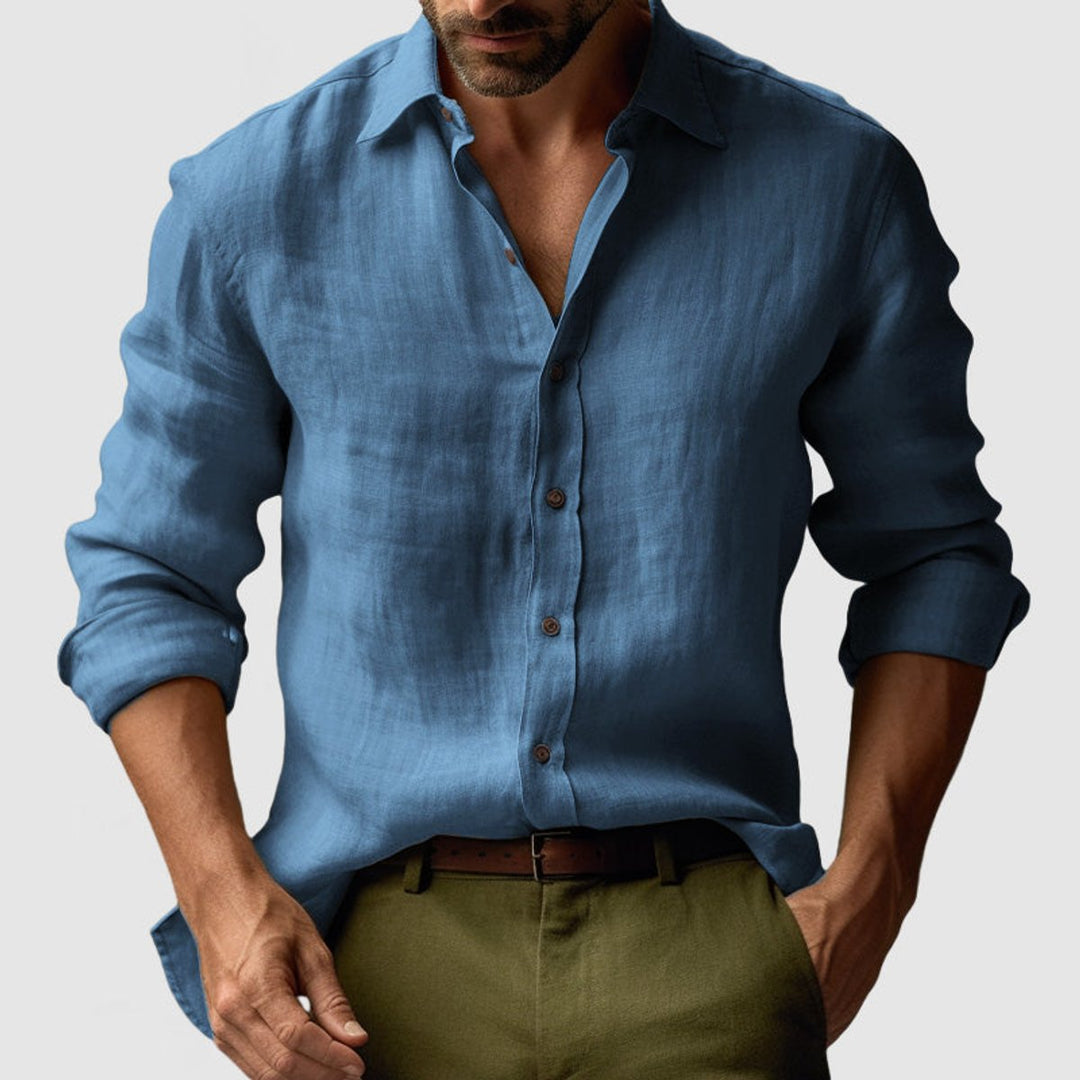 Men's Long-Sleeve Linen Vintage Button-Up Shirt Smart Casual Henley