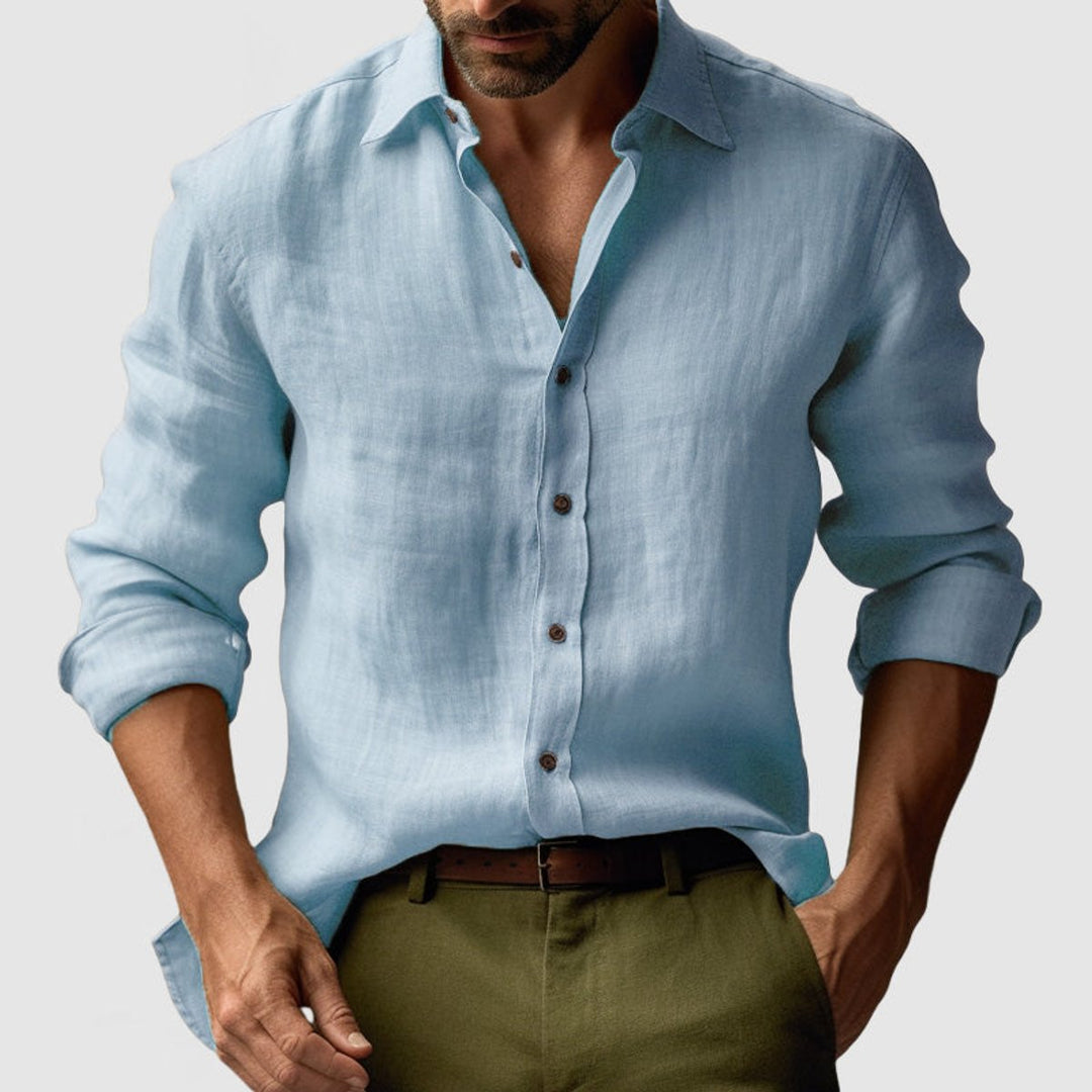 Men's Long-Sleeve Linen Vintage Button-Up Shirt Smart Casual Henley
