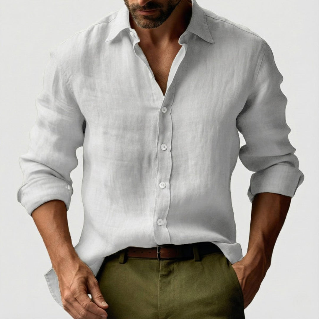 Men's Long-Sleeve Linen Vintage Button-Up Shirt Smart Casual Henley