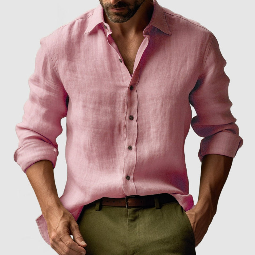 Men's Long-Sleeve Linen Vintage Button-Up Shirt Smart Casual Henley