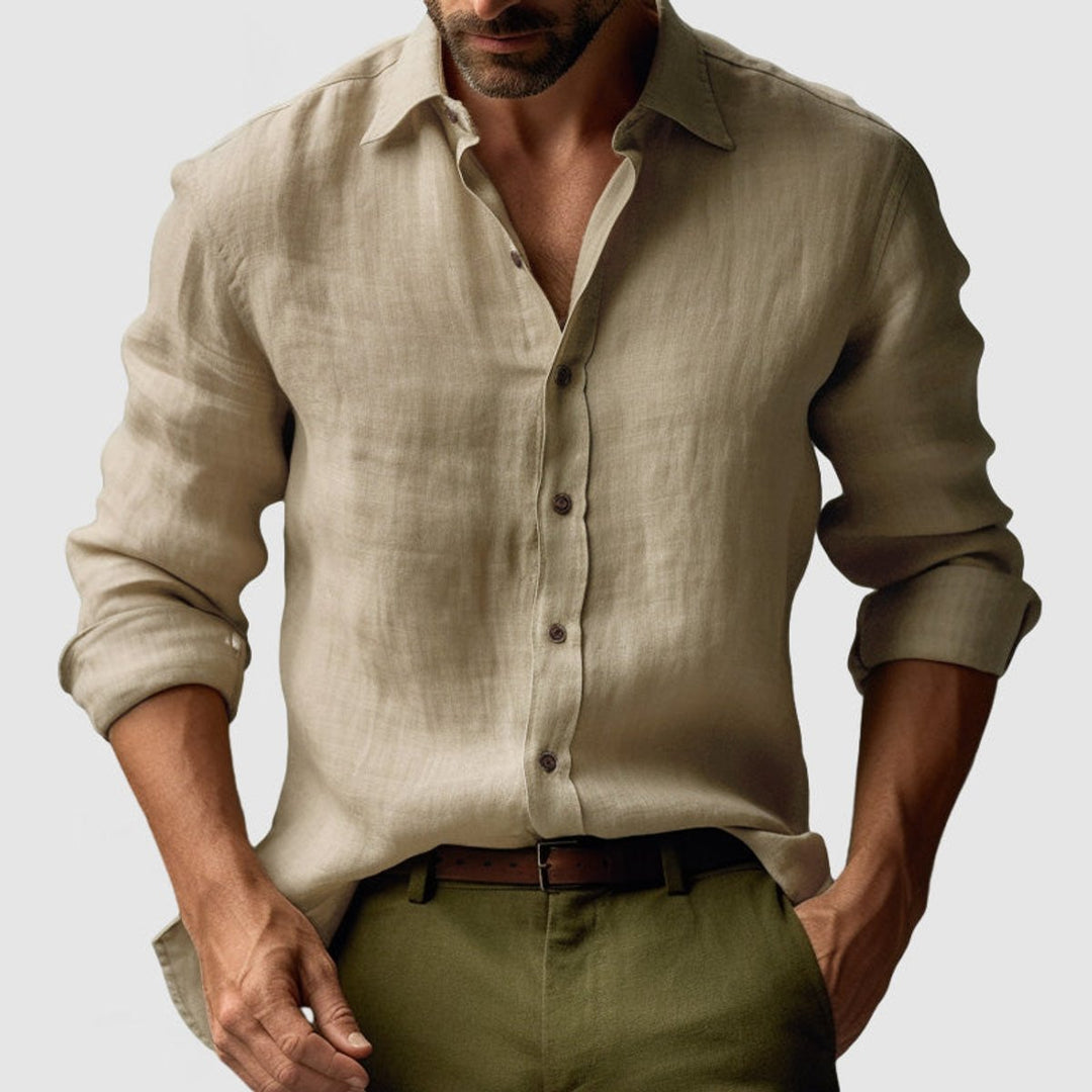 Men's Long-Sleeve Linen Vintage Button-Up Shirt Smart Casual Henley