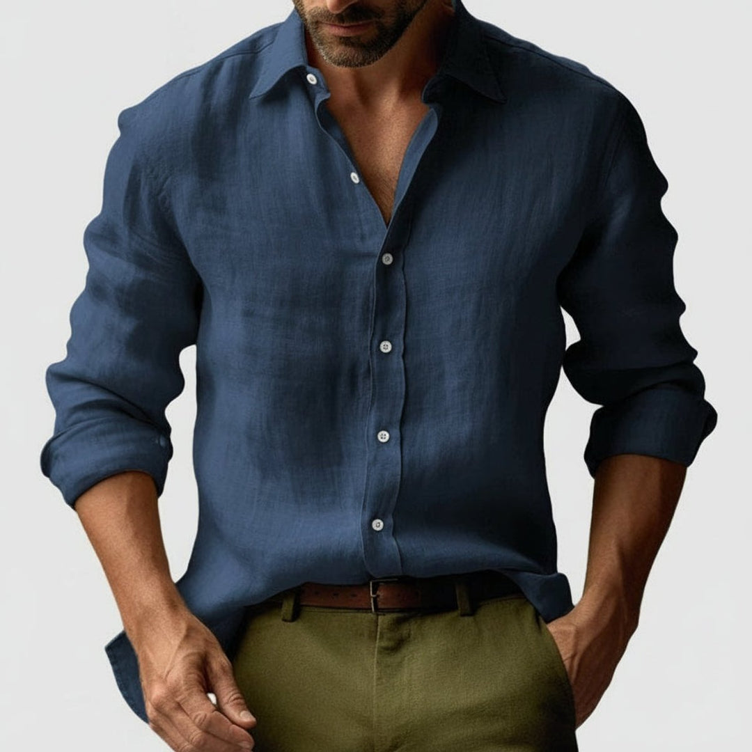 Men's Long-Sleeve Linen Vintage Button-Up Shirt Smart Casual Henley