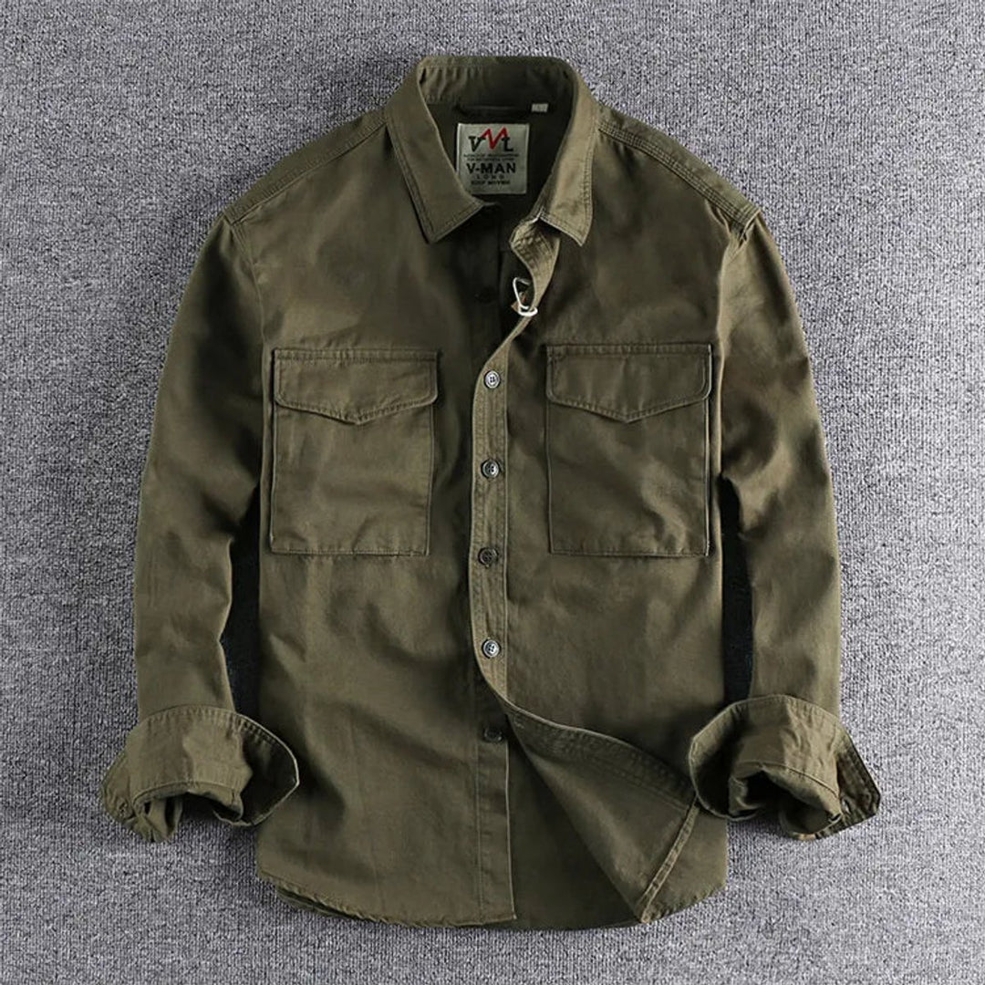 Mens Long-Sleeve Military Shirt Double Chest Pocket Button-Up