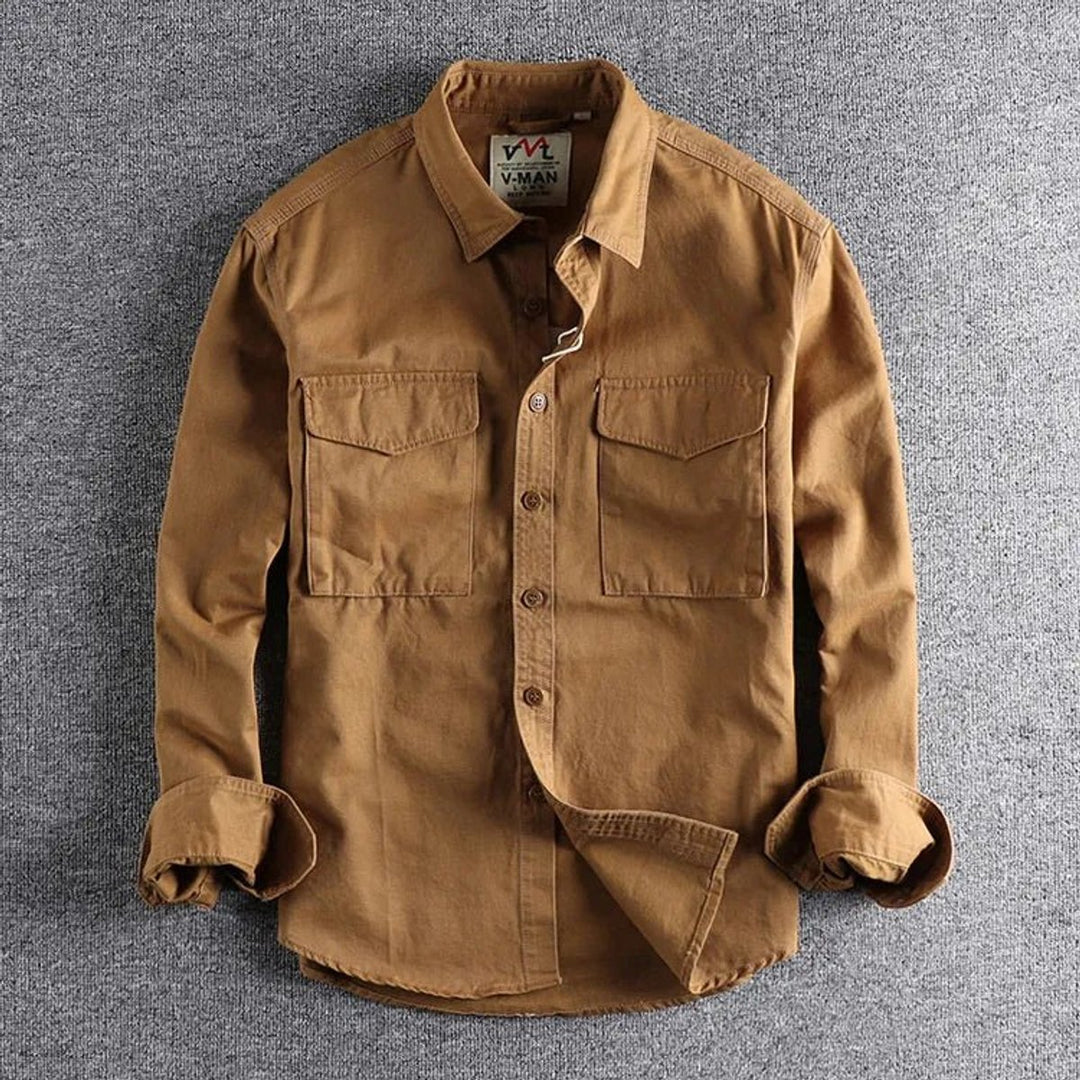 Mens Long-Sleeve Military Shirt Double Chest Pocket Button-Up
