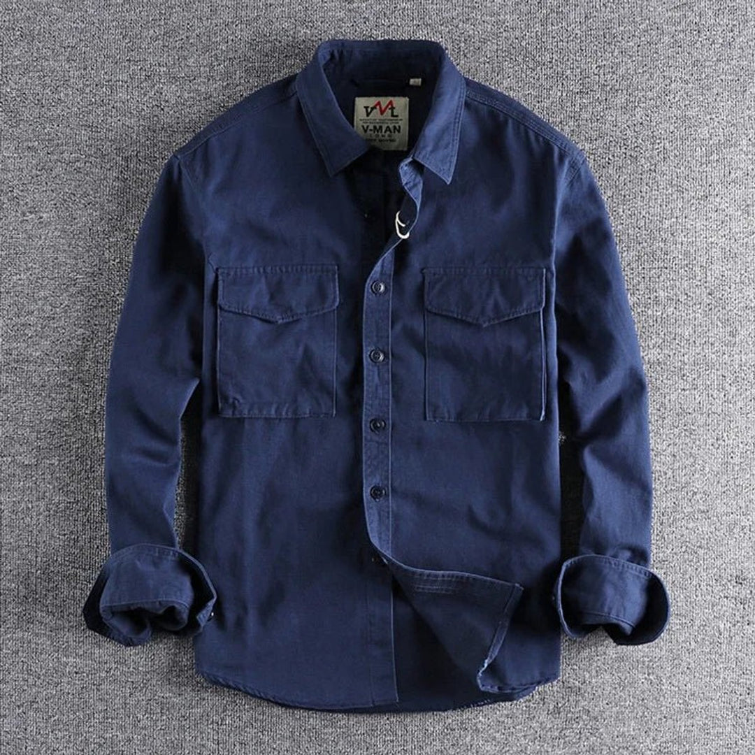 Mens Long-Sleeve Military Shirt Double Chest Pocket Button-Up