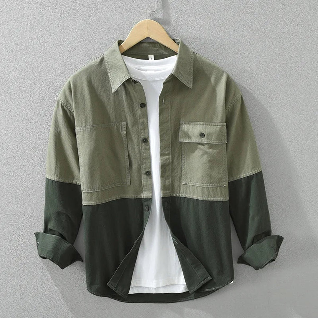 Mens Long-Sleeve Overshirt Flannel Heavyweight Cotton Two-Tone Block Shirt
