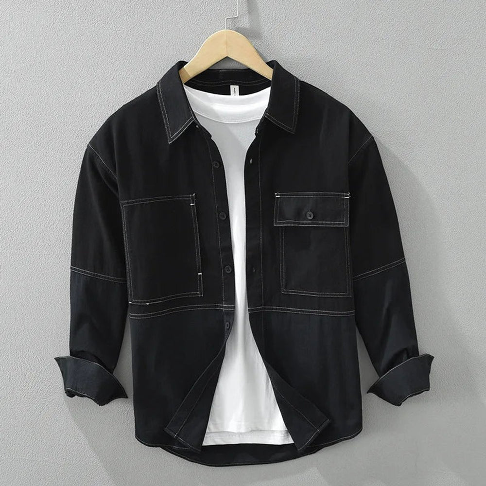 Mens Long-Sleeve Overshirt Flannel Heavyweight Cotton Two-Tone Block Shirt