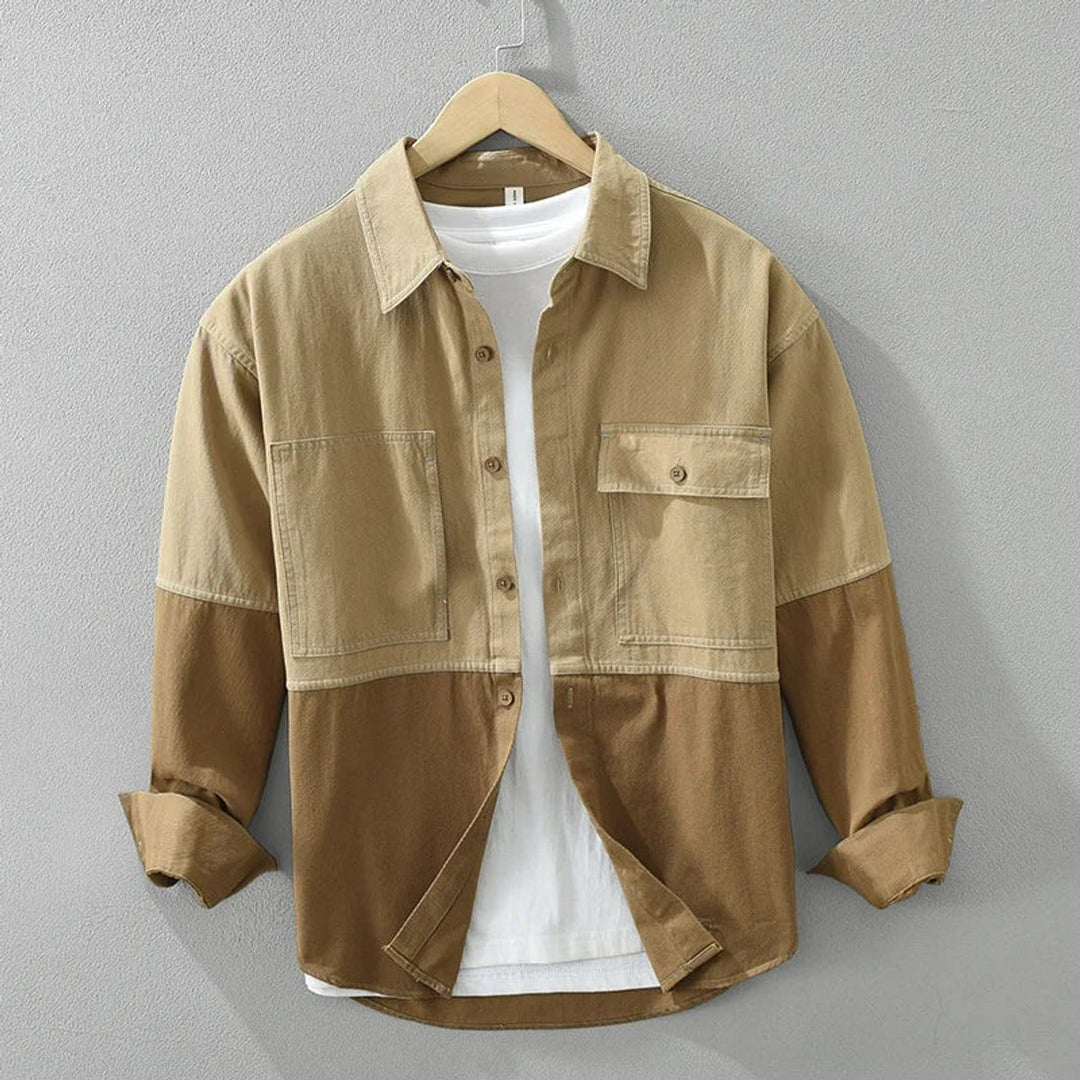 Mens Long-Sleeve Overshirt Flannel Heavyweight Cotton Two-Tone Block Shirt