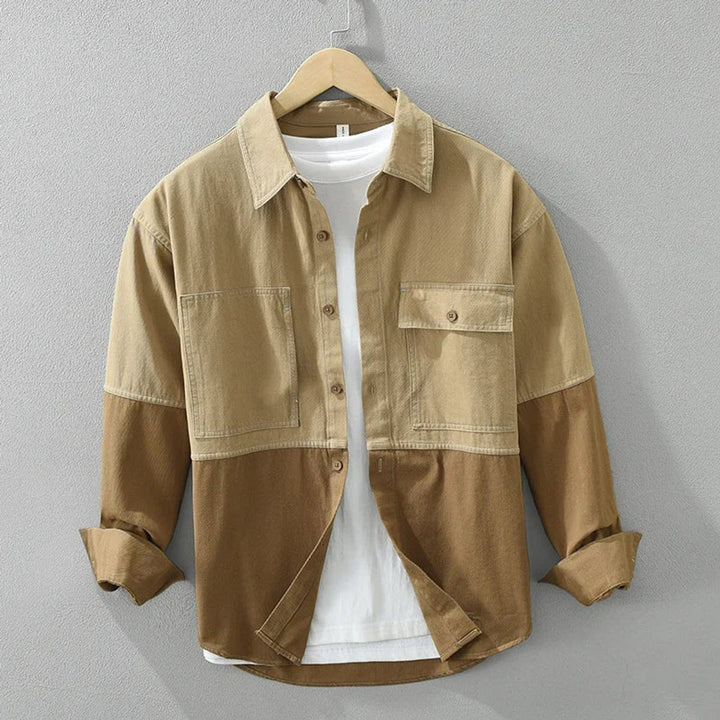 Mens Long-Sleeve Overshirt Flannel Heavyweight Cotton Two-Tone Block Shirt