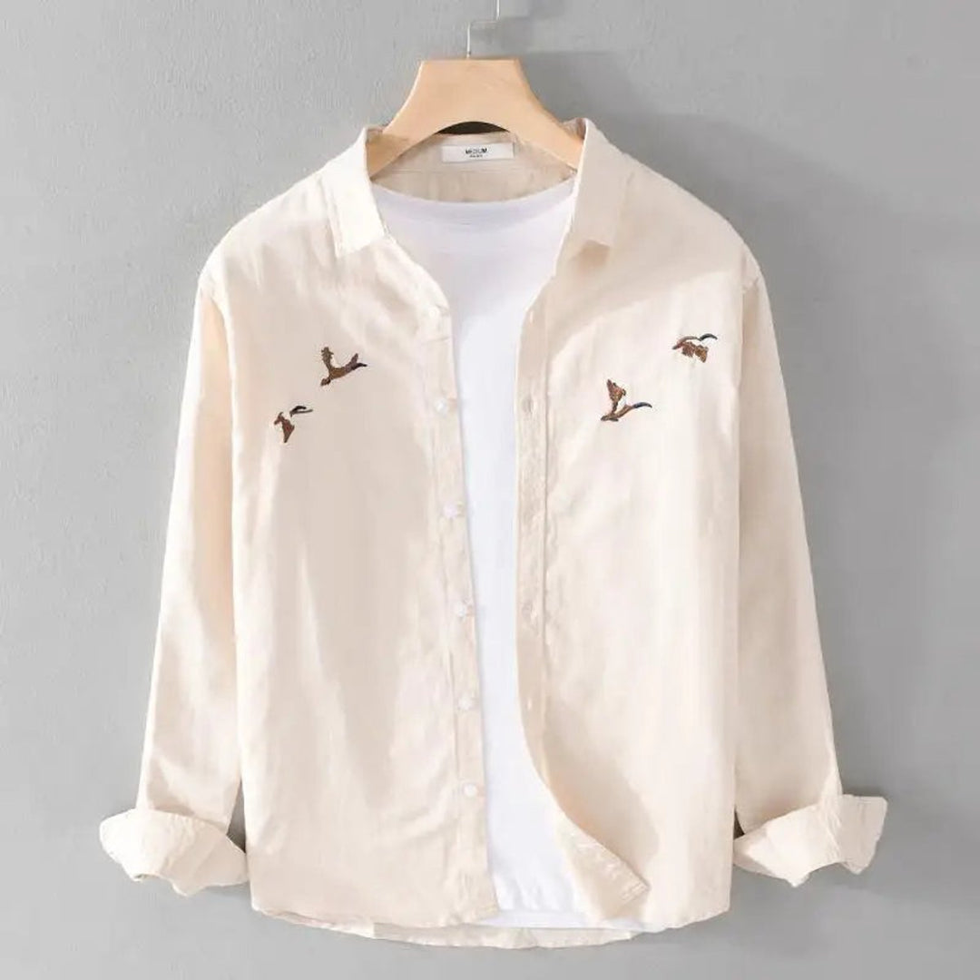 Mens Long-Sleeve Shirt Relaxed-Fit Linen-Blend Bird Embroidered