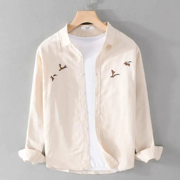 Mens Long-Sleeve Shirt Relaxed-Fit Linen-Blend Bird Embroidered