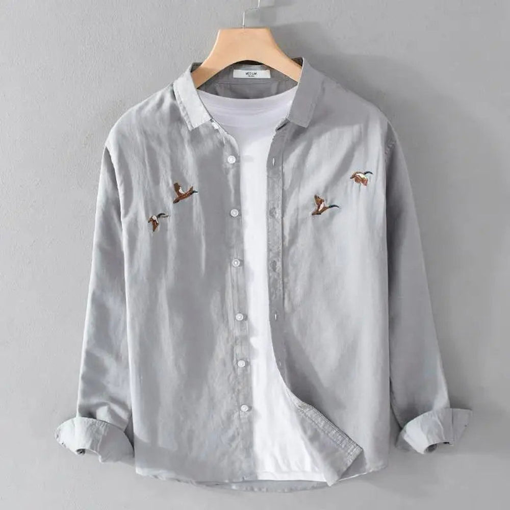 Mens Long-Sleeve Shirt Relaxed-Fit Linen-Blend Bird Embroidered