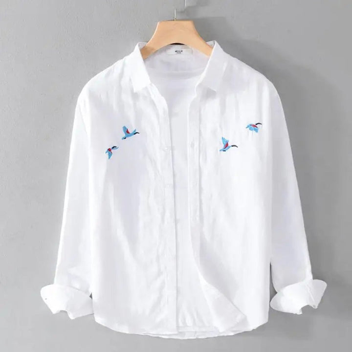 Mens Long-Sleeve Shirt Relaxed-Fit Linen-Blend Bird Embroidered
