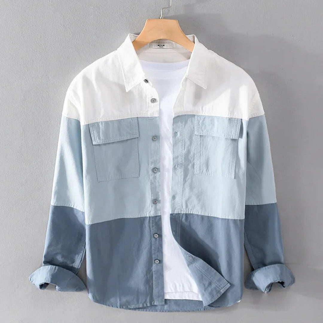 Mens Long-Sleeve Shirt Relaxed-Fit Triple-Tone Block Panel Cotton Shirt