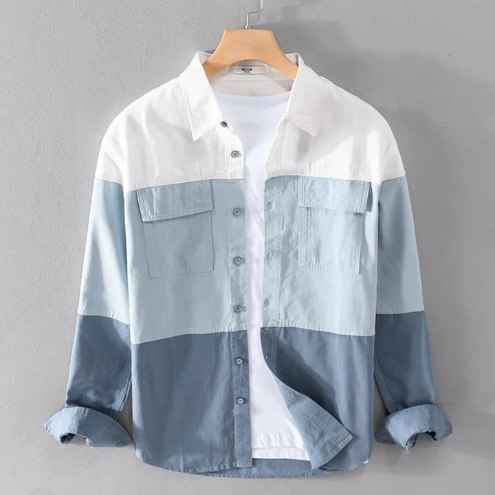 Mens Long-Sleeve Shirt Relaxed-Fit Triple-Tone Block Panel Cotton Shirt