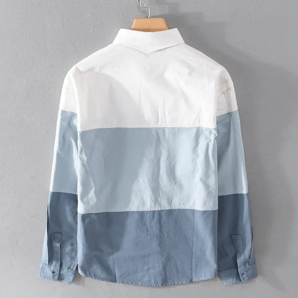 Mens Long-Sleeve Shirt Relaxed-Fit Triple-Tone Block Panel Cotton Shirt