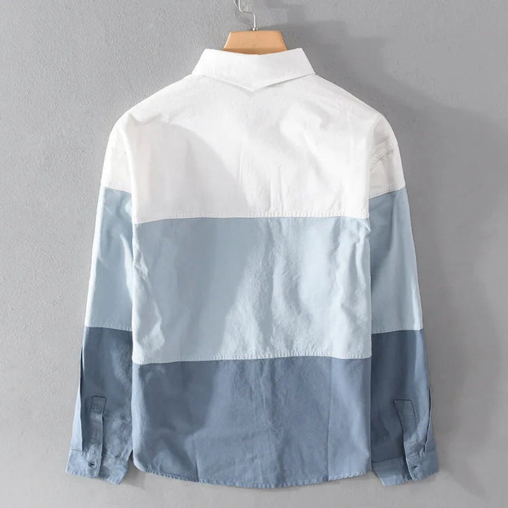 Mens Long-Sleeve Shirt Relaxed-Fit Triple-Tone Block Panel Cotton Shirt