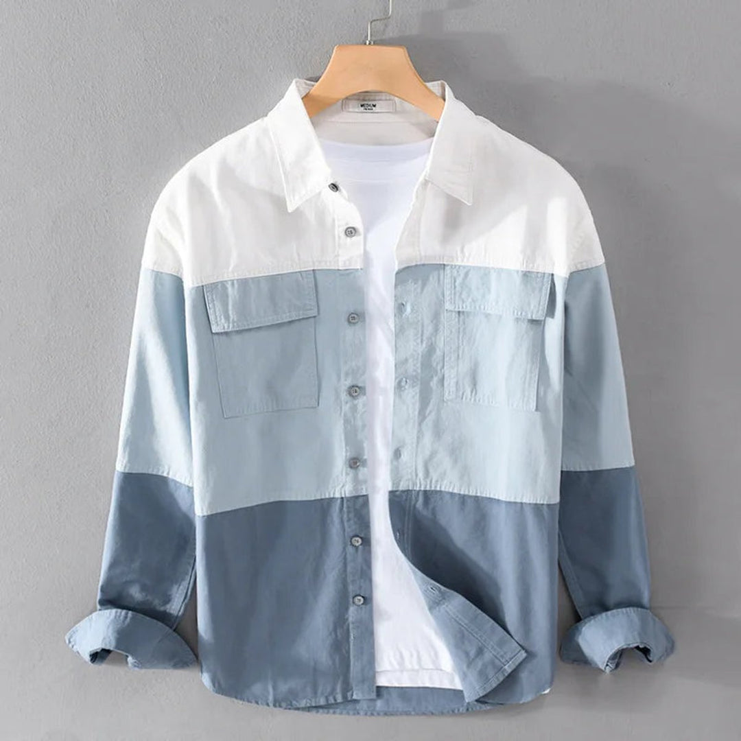 Mens Long-Sleeve Shirt Relaxed-Fit Triple-Tone Block Panel Cotton Shirt