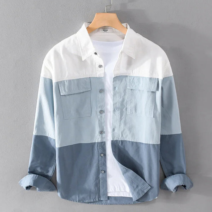 Mens Long-Sleeve Shirt Relaxed-Fit Triple-Tone Block Panel Cotton Shirt