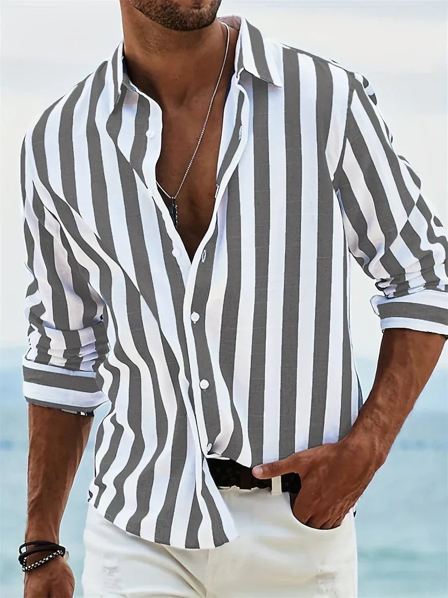 Men's Long-Sleeve Striped Button-Down Casual Shirt