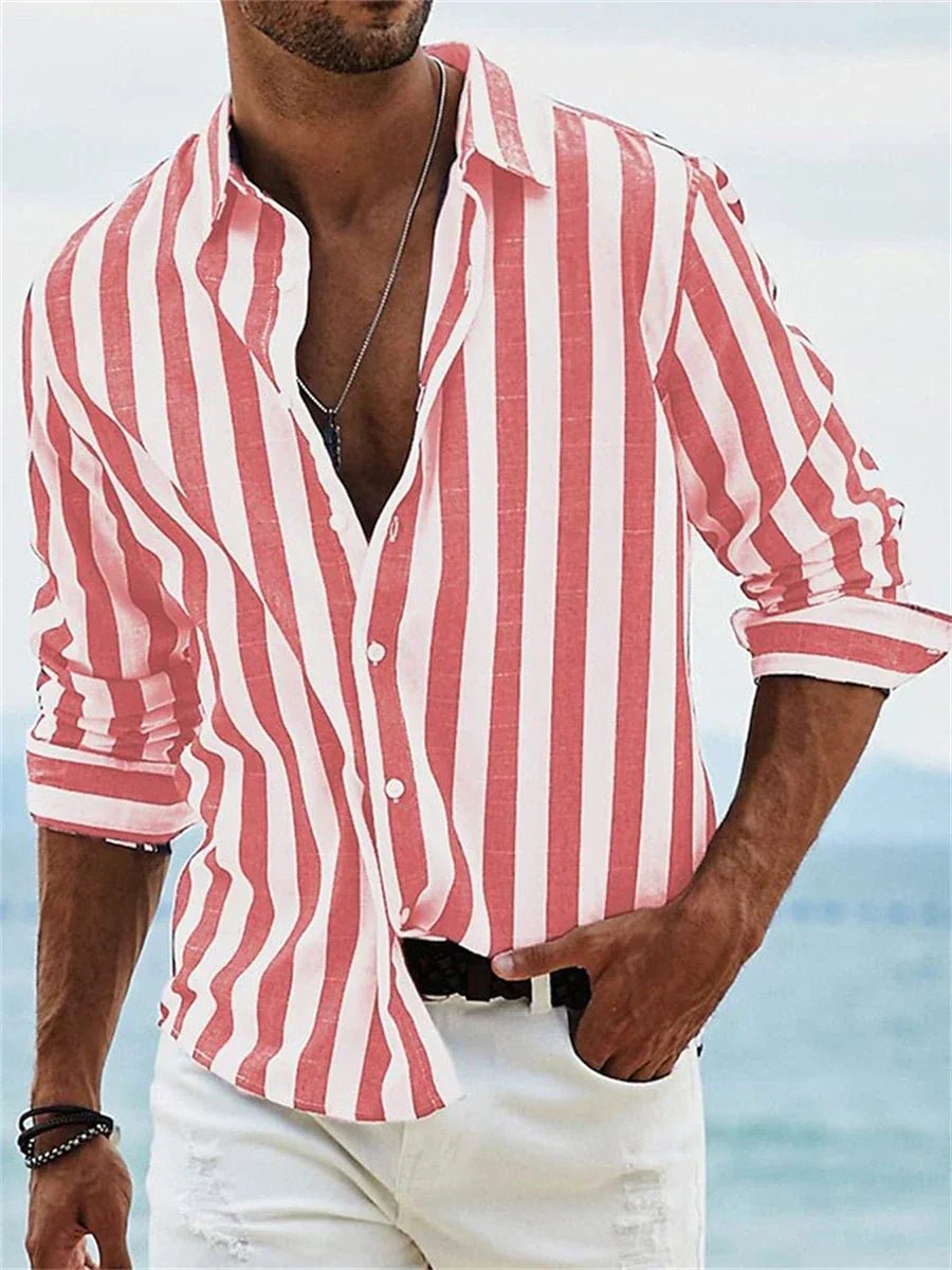 Men's Long-Sleeve Striped Button-Down Casual Shirt