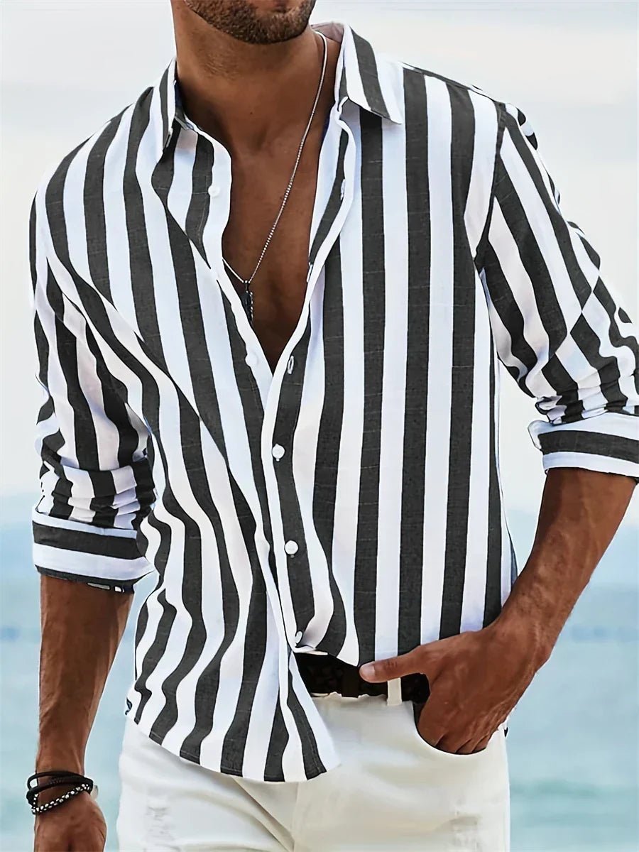 Men's Long-Sleeve Striped Button-Down Casual Shirt
