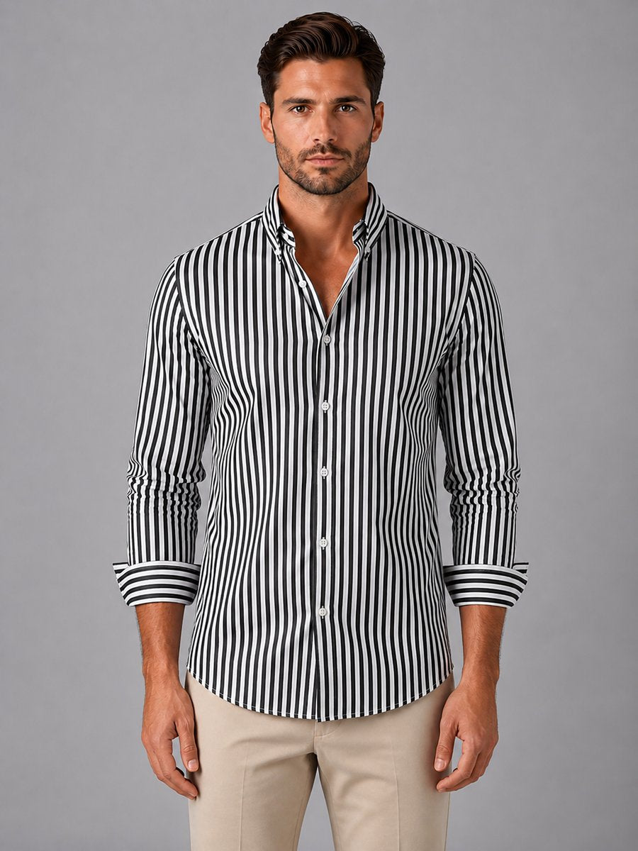 Men's Long-Sleeve Striped Button-Up Smart Casual Shirt