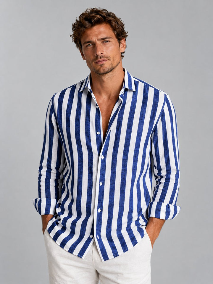 Men's Long-Sleeve Striped Linen-Look Relaxed Fit Button-Up Shirt