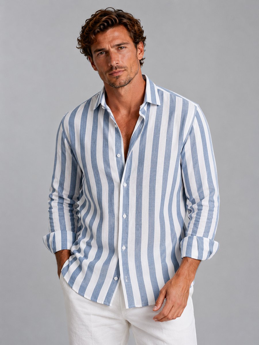 Men's Long-Sleeve Striped Linen-Look Relaxed Fit Button-Up Shirt