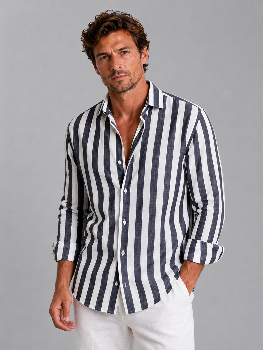 Men's Long-Sleeve Striped Linen-Look Relaxed Fit Button-Up Shirt