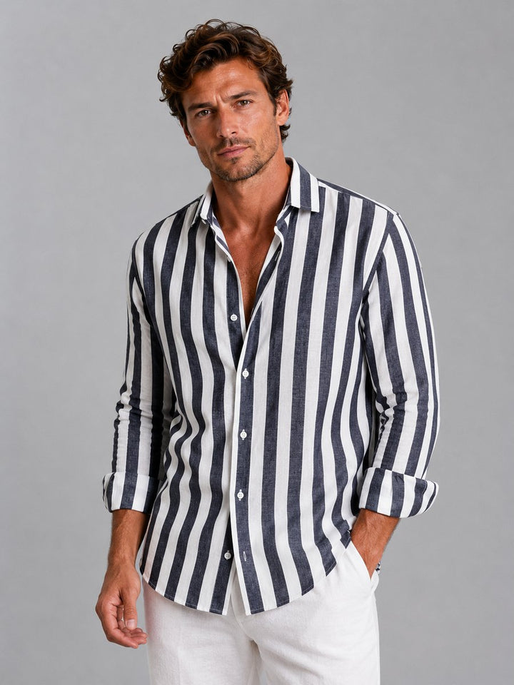 Men's Long-Sleeve Striped Linen-Look Relaxed Fit Button-Up Shirt