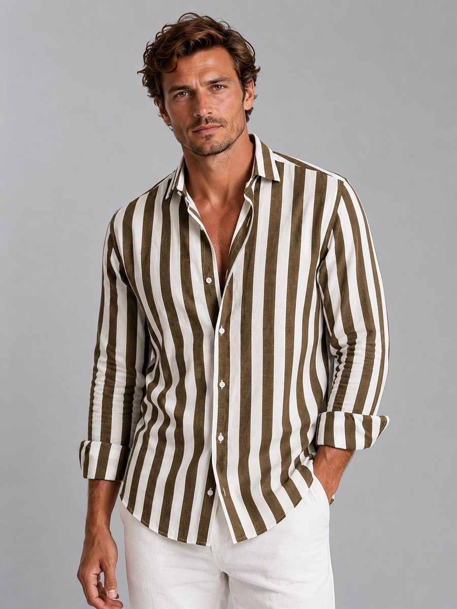Men's Long-Sleeve Striped Linen-Look Relaxed Fit Button-Up Shirt