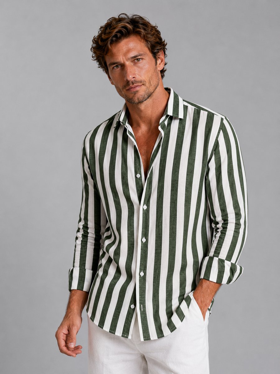 Men's Long-Sleeve Striped Linen-Look Relaxed Fit Button-Up Shirt