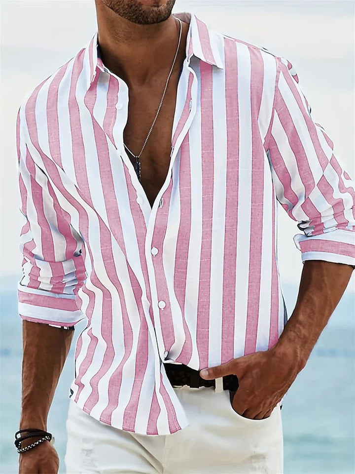 Mens Long-Sleeve Striped Relaxed-Fit Open-Collar Shirt