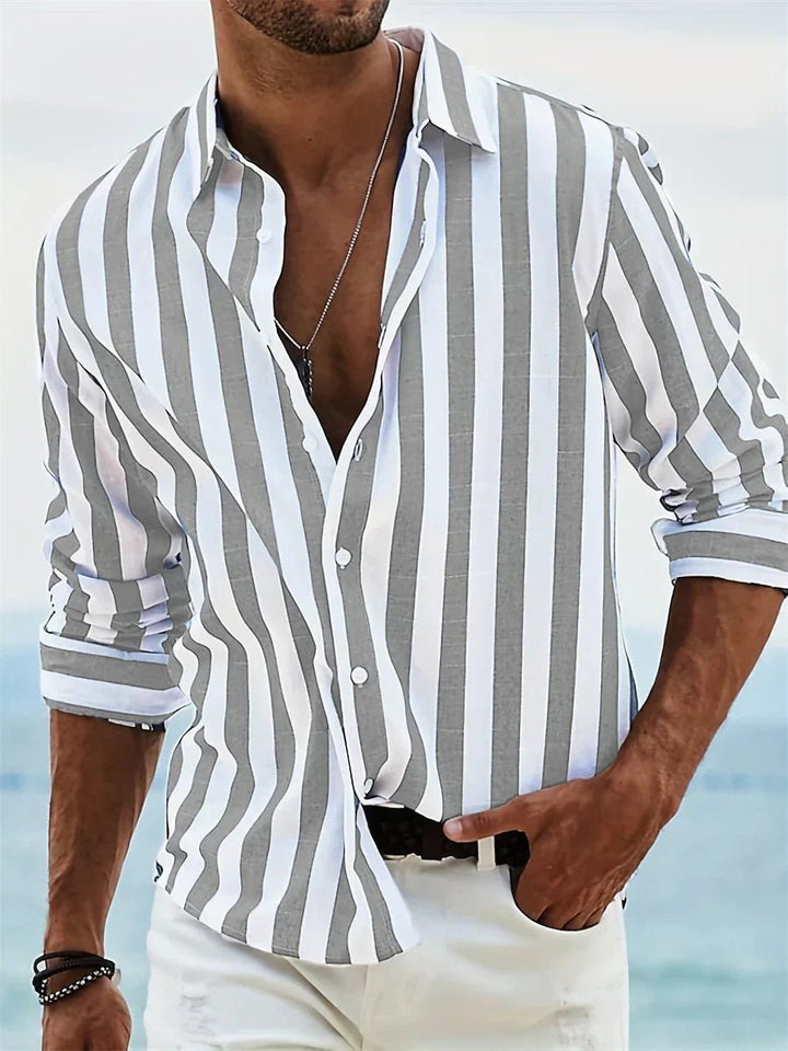Mens Long-Sleeve Striped Relaxed-Fit Open-Collar Shirt