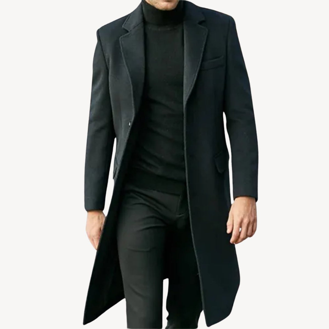 Mens Long Wool-Blend Overcoat Tailored Formal Jacket