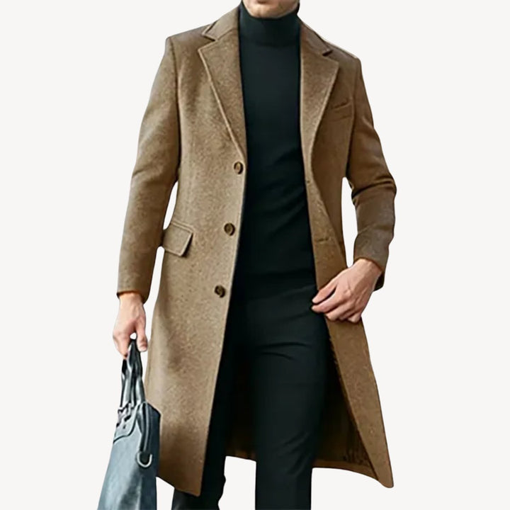 Mens Long Wool-Blend Overcoat Tailored Formal Jacket
