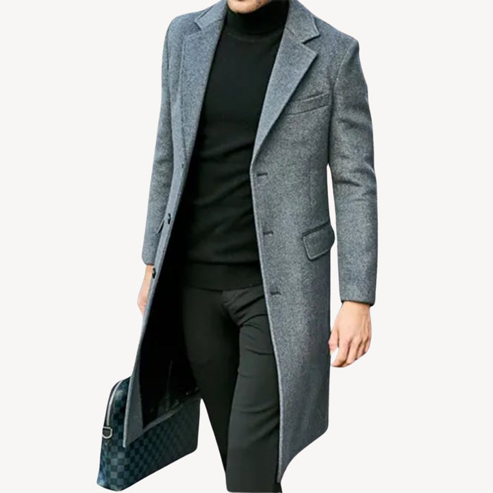Mens Long Wool-Blend Overcoat Tailored Formal Jacket